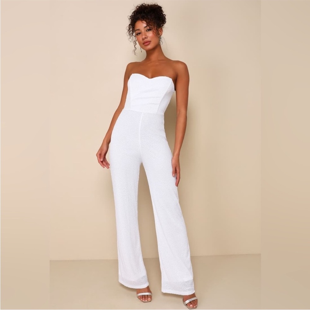 Lulus Fashionista Nights White Sequin Strapless Wide-Leg Jumpsuit Women’s L